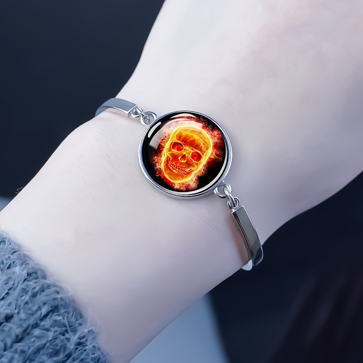 Flame Skull Glass Dome Charm Bracelet, Adjustable Bangle